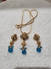 Gold Tone W  White   Blue Glass Stones Necklace   Earrings Filigree Set