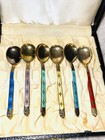 6 Vintage Hestenes Norway Sterling Silver Enamel Demitasse Spoons   Box 59 Grams