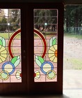 Pair Of 74  Tall Vintage Art Deco French Stained Glass Doors Mahogany Frames
