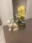 Vintage Heavy Cast Iron Bunny Rabbit Pulling Wagon Decoration Cottage Chic
