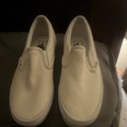 Woman   s White Vans Canvas Slip-on Casual Shoes  Round Toe  Logo Accent