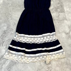1970s True Vintage Navy Blue Pleated Peasant Tank Tie Strap Dress Medium