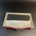 Vtg Ornate Red Velvet Vanity Jewelry Trinket Box Mirror Silver Hollywood Regency
