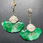 Pair Of Old Emerald Tibetan Silver Fan Earrings - Ancient Jade Antique Jewelry