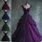 Gothic V Neck Wedding Dresses Beaded Ruched Lace Tiered Tulle A Line Bridal Gown