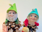 2 Vtg Elf Gnome Pinecone Figurines Putz Ornament Chenille Japan Christmas Pixie