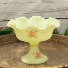 Fenton Compote Hand Painted Signed Uranium Custard Satin Glass Glows Candy Dish