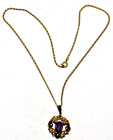 Vintage Victorian Art Nouveau Amethyst Purple Glass Rhinestone Pendant Necklace