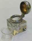 Antique Square 800 Silver Crystal Glass Inkwell Hinged Lid Exc  Condition