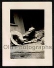 Kid Laying On Rustic Porch Hat Hands On Face Old vintage Photo- Aa30