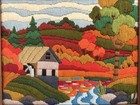 Vtg 70s Framed Crewel Embroidery Art Landscape Country Autumn Fall Scene Picture