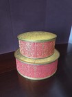 Vtg Two Round Vintage Guildcraft Red Gold Metal Fruitcake Tin canister 8    10 