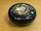 Hand Painted Russian Palekh Black Lacquer Box Small Round Trinket Vintage