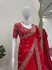 Wedding Wear Stylish Chinnon Silk Red Saree With Blouse For Women And Girls
