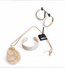 White Acrylic   Gold Tone Fashion Jewelry Set Necklace Pendant Hoops Bracelet