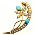 Antique Victorian Marked 15ct Yellow Gold Seed Pearls Turquoise Brooch