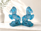 Rare Satin Blue L e  Smith Horse Bookends Pair Vintage Glass