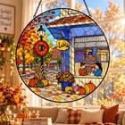 Cozy Fall Cafe Stained Glass Suncatcher Autumn Pumpkin Window Hanging Decor