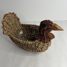 Vtg 9  Turkey Basket Woven Natural Wicker Rattan W  Wooden Beak   Plastic Liner
