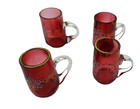 Antique Hand-blown Hand-painted Cranberry Cordial Glass Set Gilded W handles
