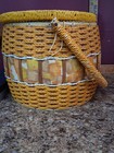 Vintage Round Wicker Type Sewing Basket Japan  2547 Orange Gold  supplies