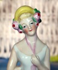 Vintage Porcelain Pin Cushion Half Doll Marked Germany Flower Hat Nice Colors