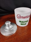 Vtg Carnation Malted Milk Glass Canister W lid Ice Cream Parlor Soda Fountain
