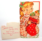 Unused - Little Girl  Doll  Stocking - 1950 s Vintage Christmas Greeting Card