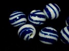 4x Lot Vintage Blue White Porcelain Chinese Bead Diagonal Stripes 14mm Round
