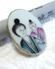 Vintage Painted Ceramic Button 1 3 8  X 1  Asian Woman   Man