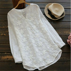 Women s Cotton Linen Long Sleeve V-neck Shirt Lace Embroidered Floral Casual Top