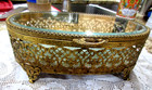 Vintage Matson Gold Giit Ormolu Filigree Footed Casket Trinket Box Beveled Glass