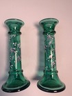 Rare 2 Vintage Candle Sticks Holders Green Us Glass Tiffin Hand Painted