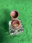 Antique Victorian Glass Inkwell With Brass Hinged Lid Desk Accessory