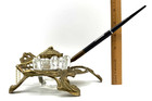 Vintage Solid Brass Footed Inkwell Ornate Glass Lid Pen Art Nouveau Desk Set