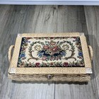 Vintage Wicker Sewing Basket Floral Tapestry Lid Satin Lined Storage Box