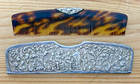 Vintage Faux Tortoise Shell Comb   Repousse Holder Silver Plated
