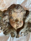 Antique Carved Wood Polychrome Angel Santos Cherub Head Putti Wings Primitive 