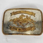 Steer Wrestling Cowboy Belt Buckle Western Trophy Rodeo Nickel Silver Vtg Bmw837