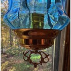 Vintage Aqua Blue Optic Glass Swag Lamp Mid Century Modern Brass Fixture