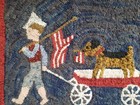 Primitive Hand Hooked Folk Art Wool Patriotic Rug Boy And Dog With Wagon Flags