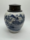 Antique Old Chinese Blue   White Porcelain Jar Landscape Scene Double Ring Mark