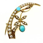 Antique Victorian Marked 15ct Yellow Gold Seed Pearls Turquoise Brooch