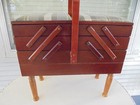 Vintage Cantilevered Accordion Standing Wooden Sewing Box W  Handle