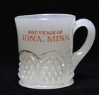 Vintage Milk Glass Souvenir Handled Shot Glass From Iona  Minnesota