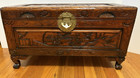 Vtg Chinese Camphor Wood Chest-hand-carved Figures florals-ornate Feet 25lx13 5h