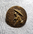 Vintage Antique Pierce Metal Picture Button Asian Man Sitting Box Under Umbela