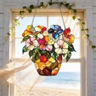 Colorful Floral Pot Acrylic Suncatcher     Stained Glass Style Flower Window