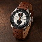 Men s Panda Chronograph Watch White Dial Yellow Hands Brown Racing Leather Strap