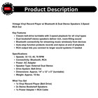 Vintage Vinyl Record Player W  Bluetooth   Dual Stereo Speakers 3-speed Rca Out